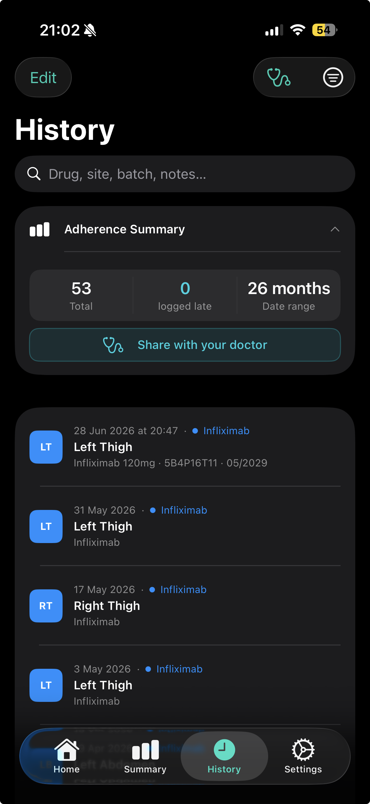 History screen listing past injections